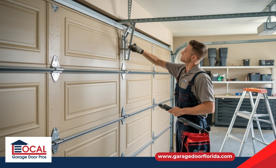 Garage door maintenance performed by a technician