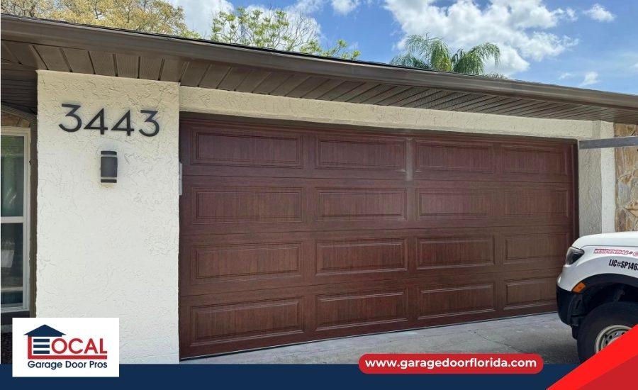 Modern brown raised panel garage door