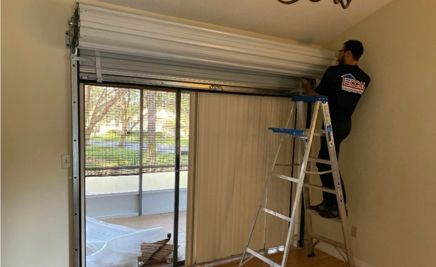 Commercial roll-up door repair at a loading dock.