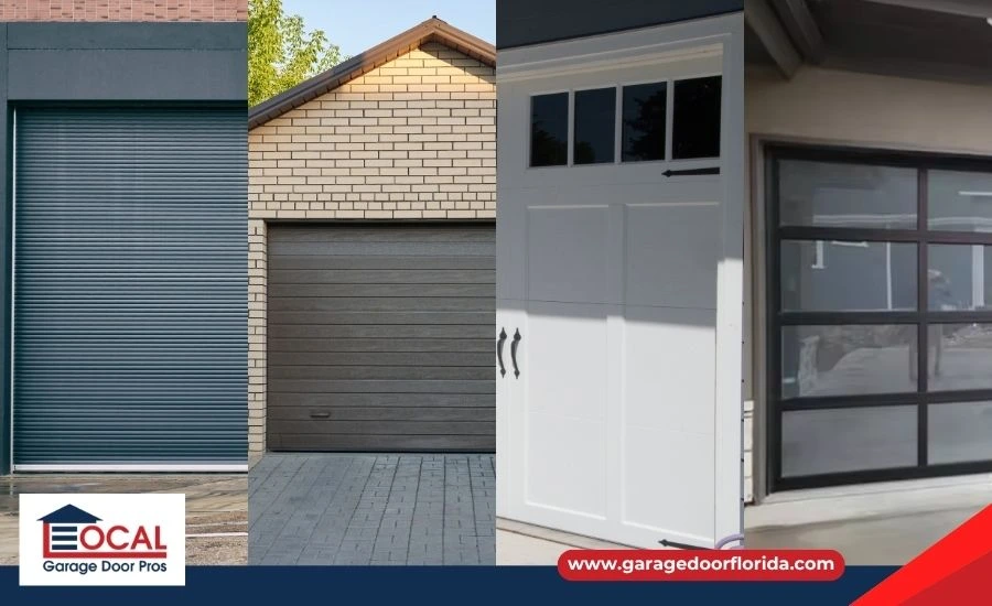 A close-up collage showing the textures of different garage door materials: embossed wood-grain steel, authentic wood, s