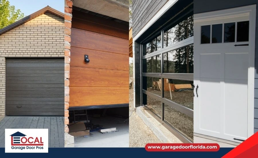 A collage of four different garage door styles: a modern steel door, a classic wood door, a sleek aluminum door, and a fiberglass door with a wood-grain finish.