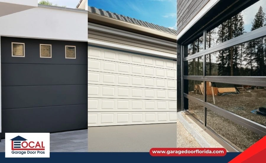 A collage of three images showcasing the primary residential garage door styles: a classic traditional raised-panel door, a rustic carriage house door, and a sleek modern glass door.