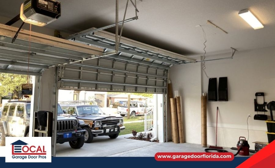 Homeowner checking a garage door for balance by manually lifting it halfway open