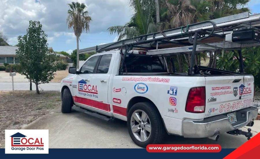 Local Garage Door Pros service van parked outside a Clearwater, FL home, ready for professional garage door repair.”