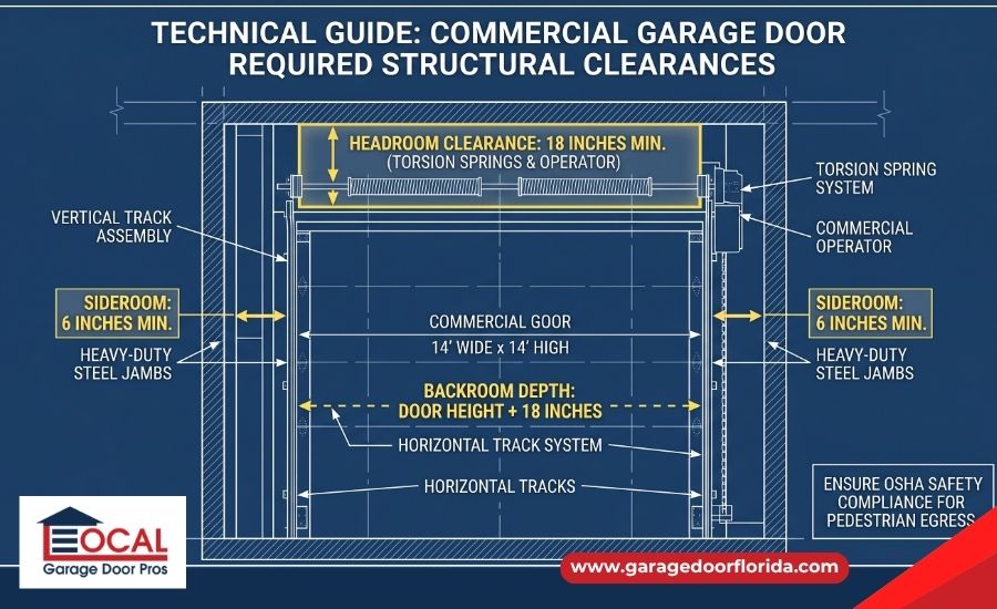 Interior view of a commercial garage door highlighting the structural clearance needed for the track and overhead mechanisms.