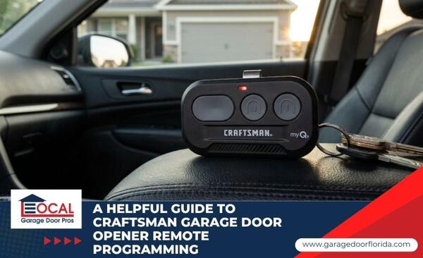 A black Craftsman three-button garage door remote sitting on a car armrest.