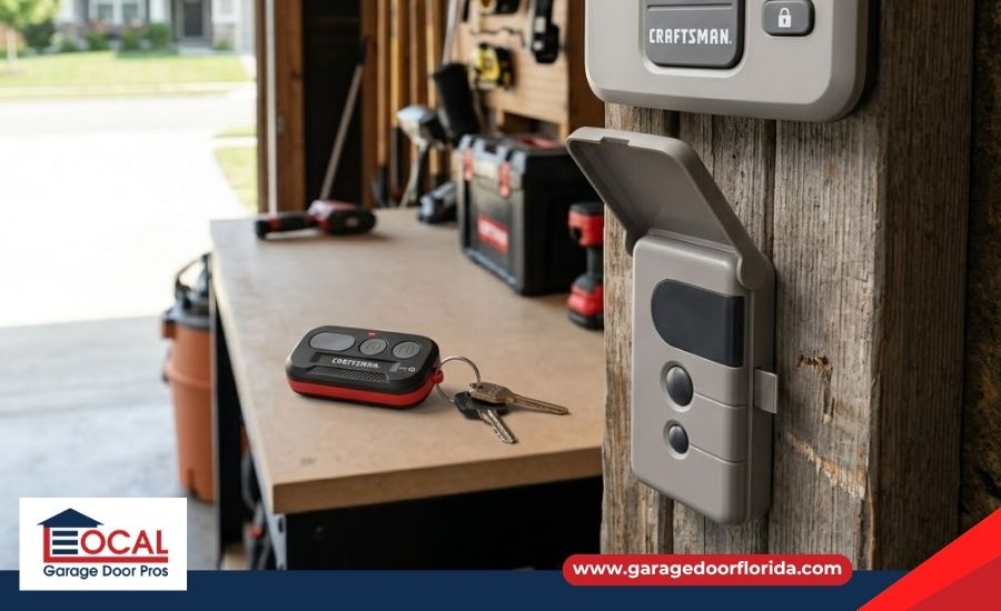 A Craftsman garage door remote with keys on a workbench next to a mounted wall control panel.