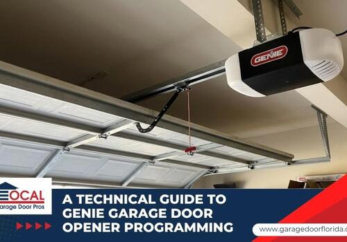 A modern Genie garage door opener motor unit installed on a ceiling with the door partially open.