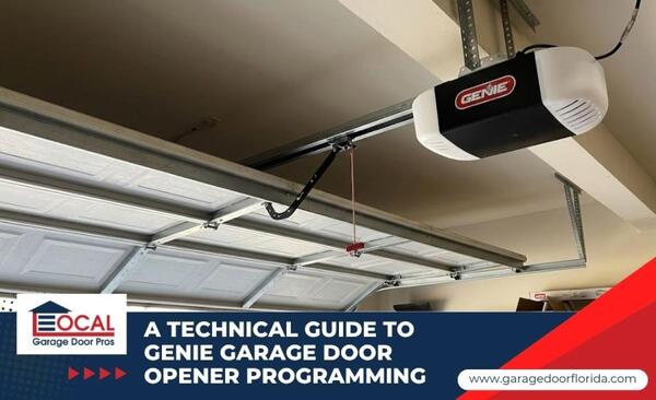 A modern Genie garage door opener motor unit installed on a ceiling with the door partially open.