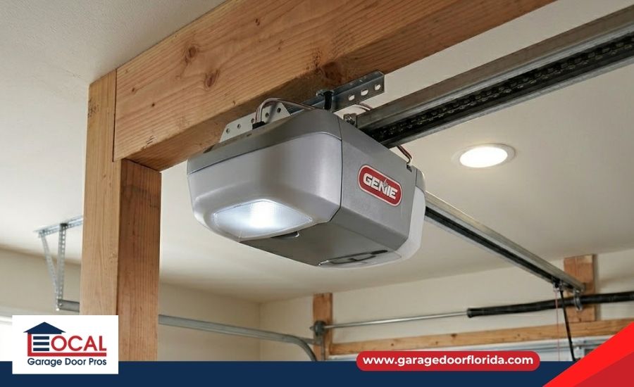 A silver and gray Genie garage door opener motor unit with its light on, mounted to a wooden beam.
