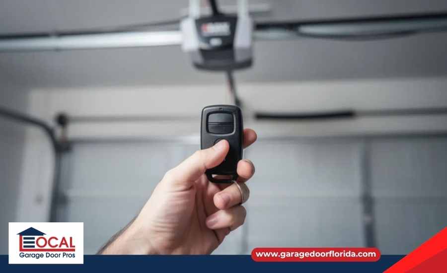 A close-up shot of a hand pressing a colored program button on the side panel of a garage door opener unit.