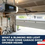 A Genie garage door opener mounted in a garage, featuring a text overlay about troubleshooting a blinking red light.