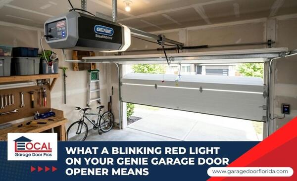 A Genie garage door opener mounted in a garage, featuring a text overlay about troubleshooting a blinking red light.