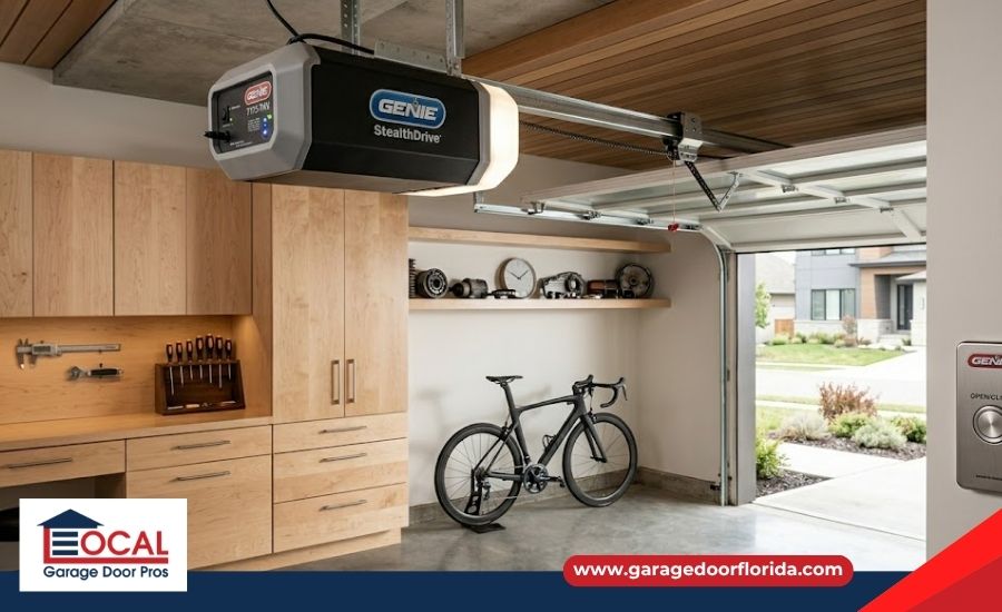 A Genie garage door opener mounted in a modern garage with wood paneling, featuring a promotional banner at the bottom.
