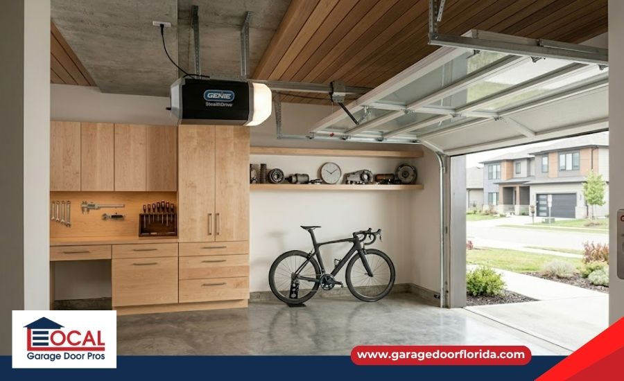 A Genie garage door opener mounted in a modern garage with a fully open door, featuring a promotional banner at the bottom.