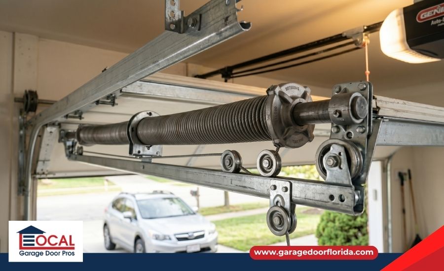 Mechanical garage door hardware including overhead tracks, rollers, and torsion springs.