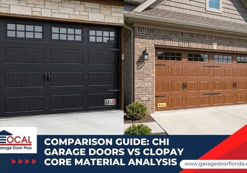 CHI-garage-doors-vs-Clopay - Local Garage Door Pros A side-by-side comparison of a black C.H.I. garage door and a wood-grain Clopay garage door, with text reading "Comparison Guide: CHI Garage Doors vs Clopay Core Material Analysis."