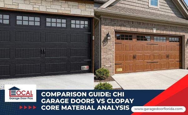 A side-by-side comparison of a black C.H.I. garage door and a wood-grain Clopay garage door, with text reading "Comparison Guide: CHI Garage Doors vs Clopay Core Material Analysis."
