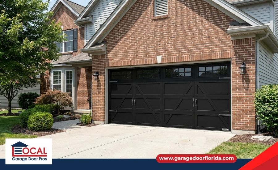 A wide, black carriage-house style garage door installed on a red brick home, featuring the Local Garage Door Pros logo.