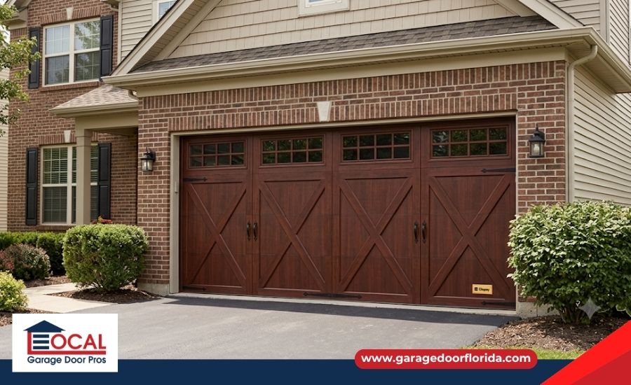 A wide, dark wood-grain carriage-house style garage door installed on a brick house, featuring the Local Garage Door Pros logo.