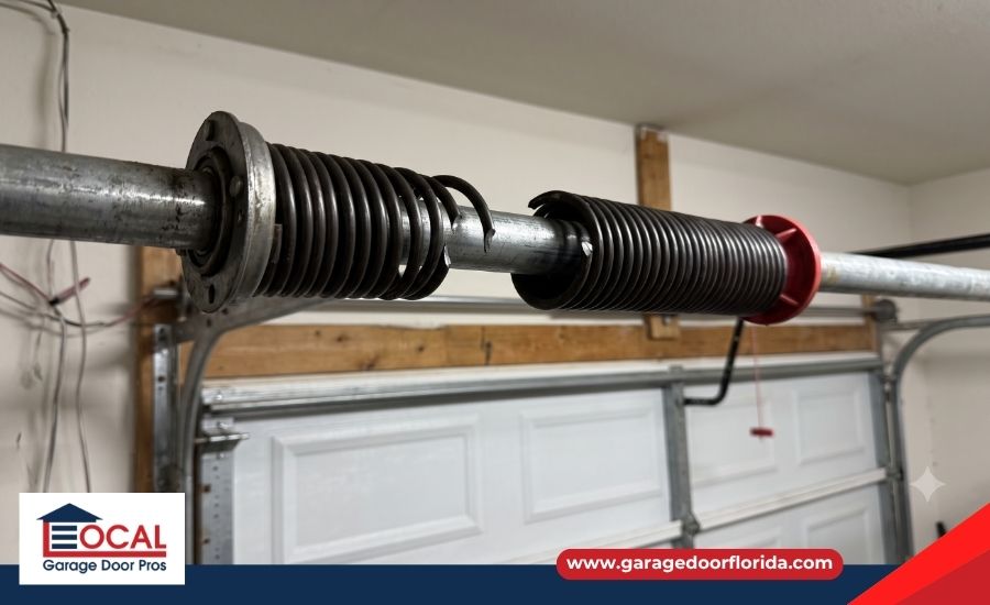 A visible gap in a broken high-tension torsion spring located on the metal shaft above a closed garage door.