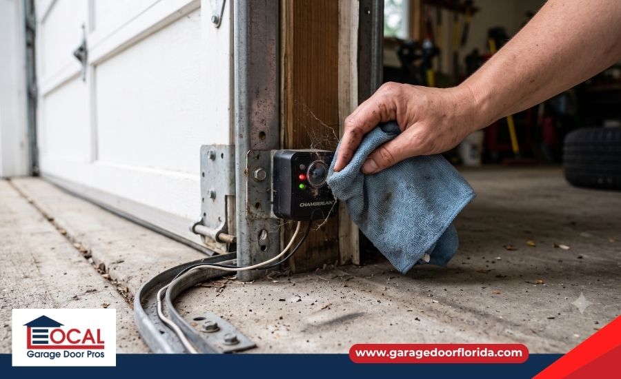 A close-up of a person wiping dust off a garage door safety sensor lens located near the bottom of the floor track.