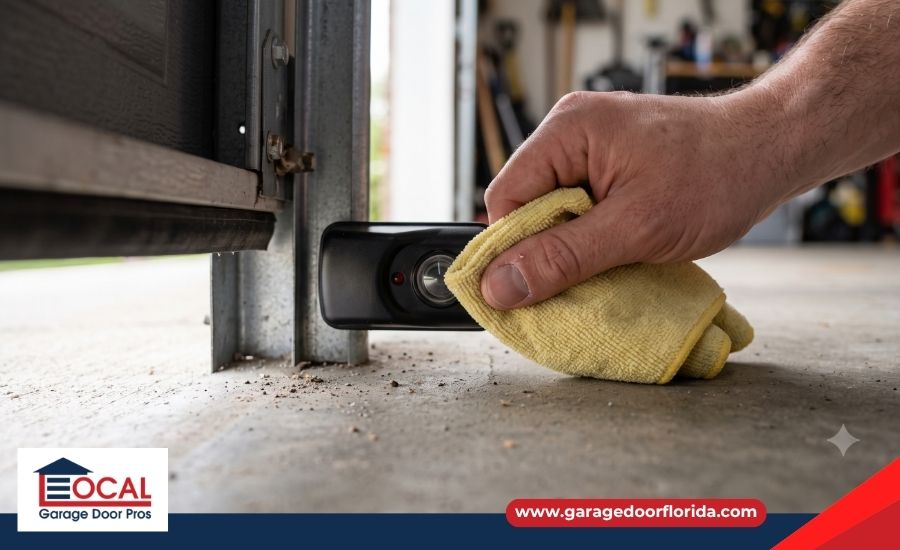 A close-up of a homeowner wiping the lens of a garage door safety