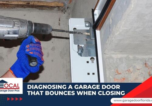 emergency garage door repair - Local Garage Door Pros A gloved hand using a power drill on a metal garage door bracket, with text reading, "Diagnosing a garage door that bounces when closing."