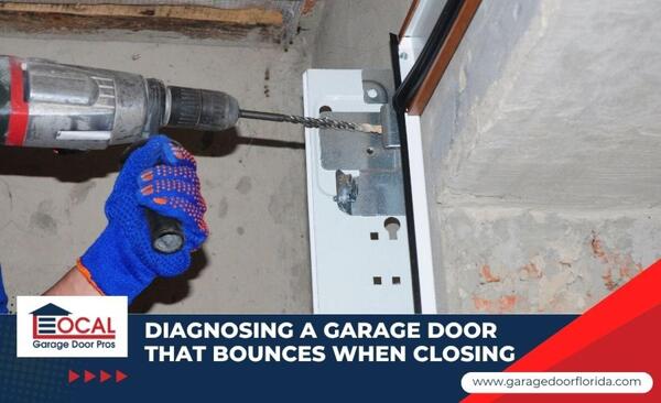 A gloved hand using a power drill on a metal garage door bracket, with text reading, "Diagnosing a garage door that bounces when closing."