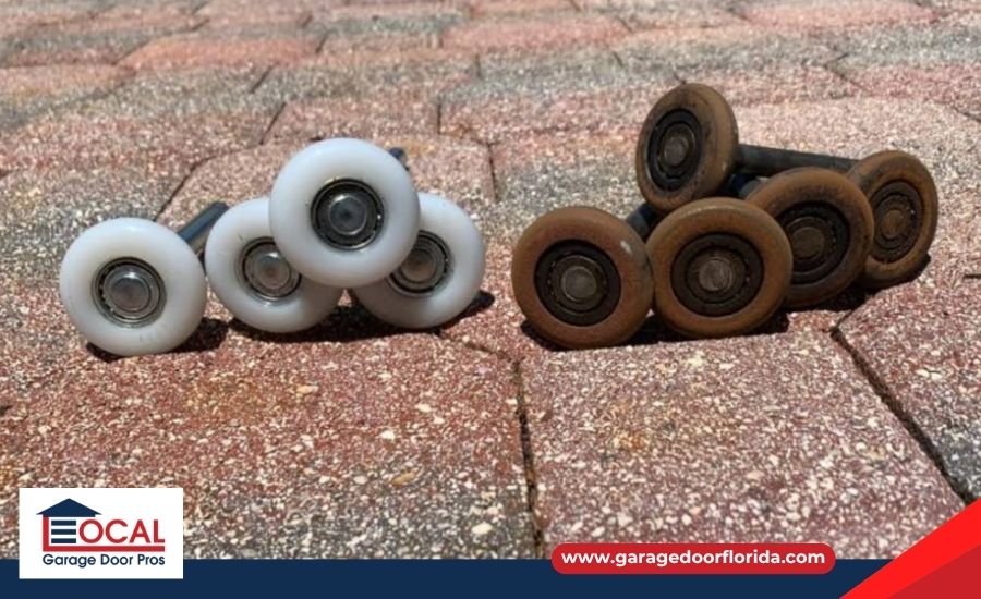 An open garage door with a repair truck outside and text asking, "Why is my garage door making a grinding noise?"