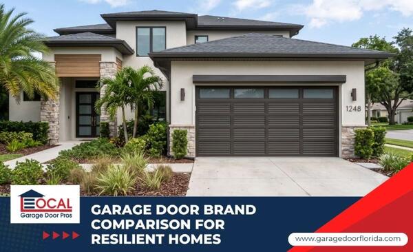 Modern reinforced garage door installed on a residential home exterior.