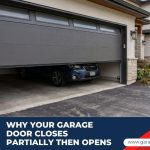 A modern residential garage door stuck partially open