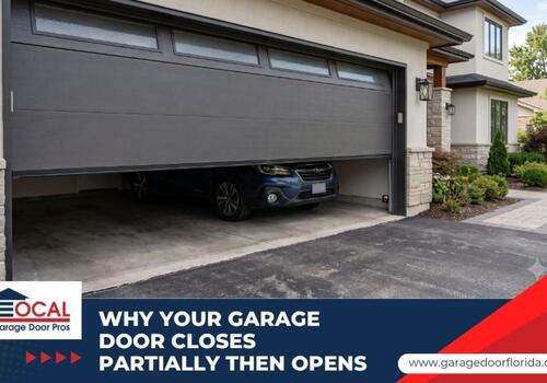A modern residential garage door stuck partially open
