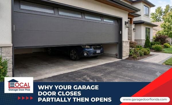 A modern residential garage door stuck partially open