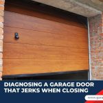 A partially open wood-grain garage door framed by exposed brick walls, with text reading, "Diagnosing a garage door that jerks when closing."