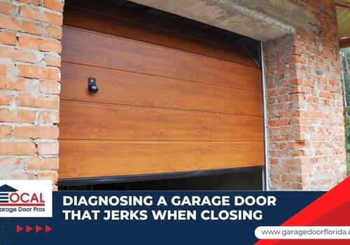 garage door jerks when closing - Local Garage Door Pros A partially open wood-grain garage door framed by exposed brick walls, with text reading, "Diagnosing a garage door that jerks when closing."