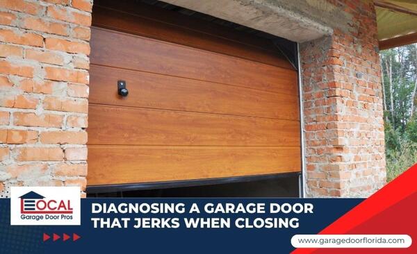 A partially open wood-grain garage door framed by exposed brick walls, with text reading, "Diagnosing a garage door that jerks when closing."