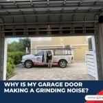 An open garage door with a repair truck outside and text asking, "Why is my garage door making a grinding noise?"