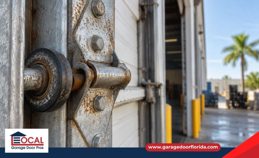 Commercial garage door on a Clearwater business where coastal salt air accelerates hardware wear