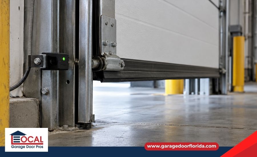Safety reversal sensors being tested on a commercial garage door after a repair