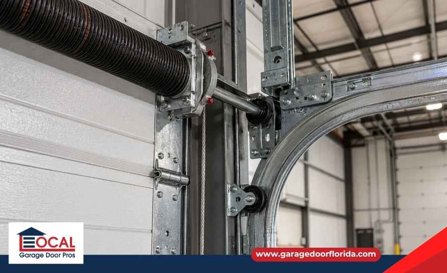 Close-up of garage door torsion spring and cable hardware attached to track